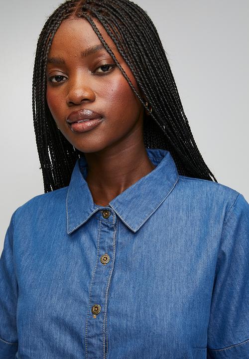 Stella Morgan - 1/2 sleeve midi dress with scoop hem button through denim - mid wash denim
