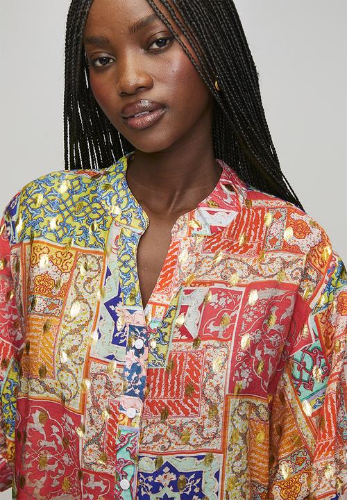 MANDI - Half Sleeve Batwing Blouse With Foil Print Detail - Multi Red