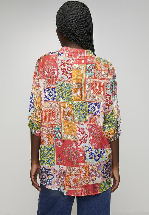 MANDI - Half Sleeve Batwing Blouse With Foil Print Detail - Multi Red