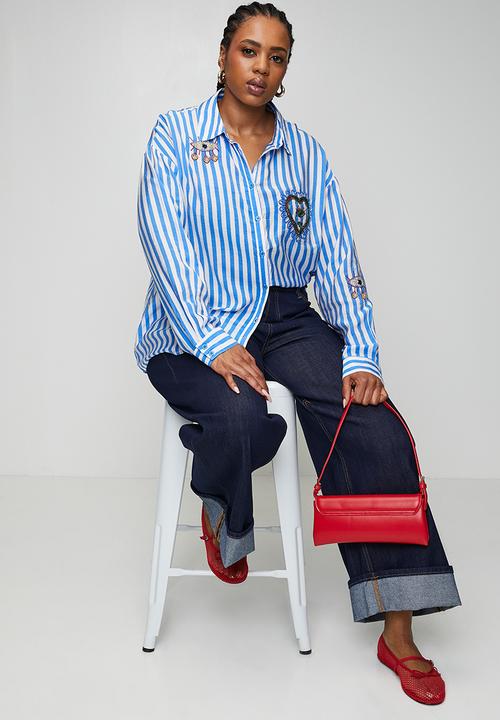 Me&B - Plus Beaded Shirt in Blue Stripe - Blue