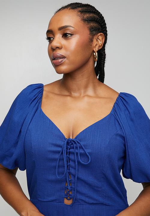 Me&B - Plus Cobalt Linen Blend Dress with Lace Up Detail - Blue