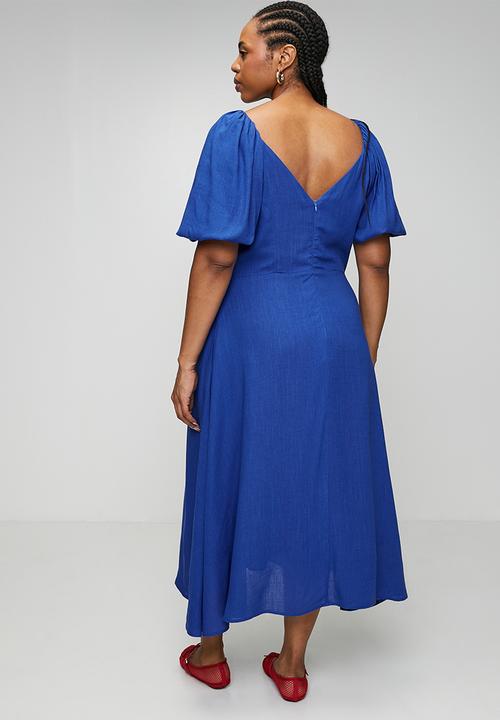 Me&B - Plus Cobalt Linen Blend Dress with Lace Up Detail - Blue