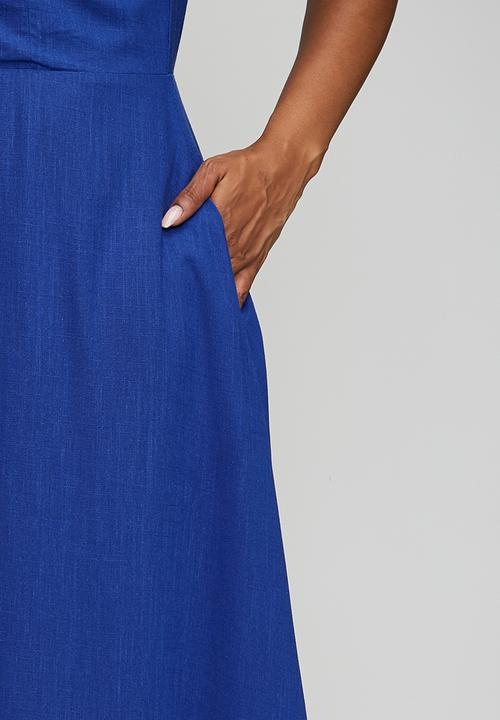 Me&B - Plus Cobalt Linen Blend Dress with Lace Up Detail - Blue