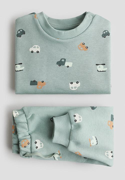 H&M - 2-Piece printed brushed-inside sweatshirt set - turquoise/vehicles