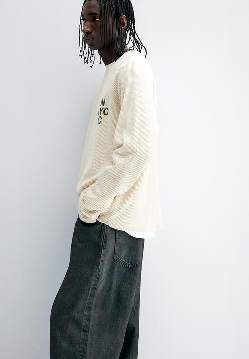 H&M - Regular fit waffled long-sleeved top - light beige nyc