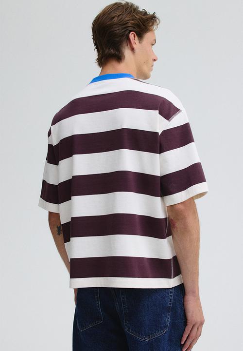 H&M - Loose fit T-shirt - plum purple & white striped