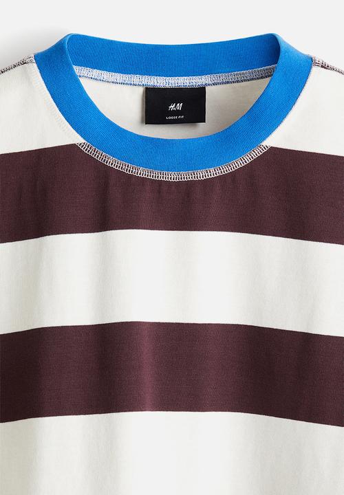 H&M - Loose fit T-shirt - plum purple & white striped
