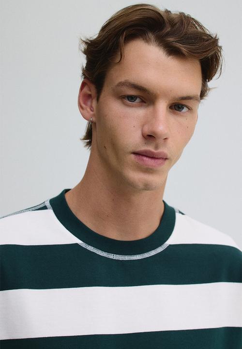 H&M - Loose fit T-shirt - forest green & white striped