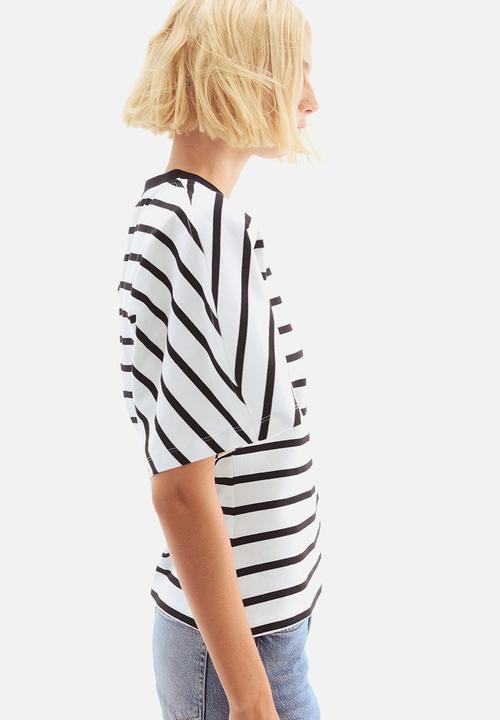 H&M - Waisted cotton T-shirt - white/striped