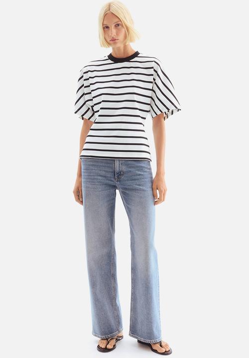 H&M - Waisted cotton T-shirt - white/striped