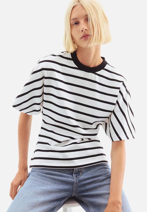 H&M - Waisted cotton T-shirt - white/striped