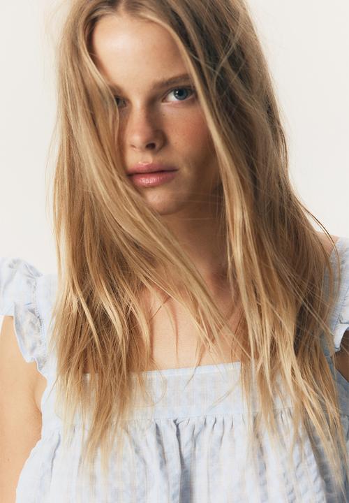 H&M - Cotton seersucker top - light blue checked