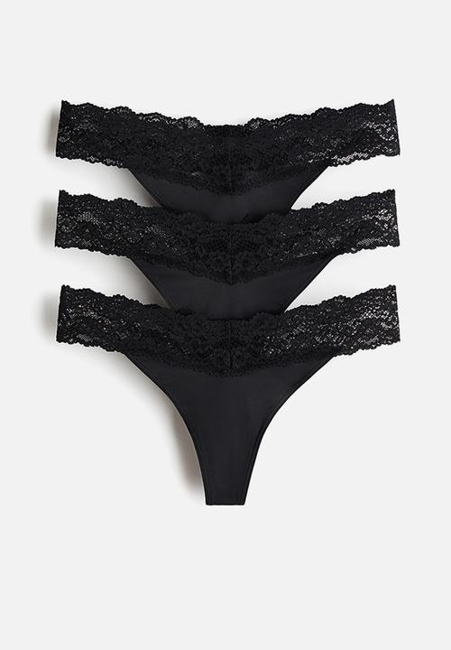 H&M - 3-Pack microfibre and lace thong briefs - black