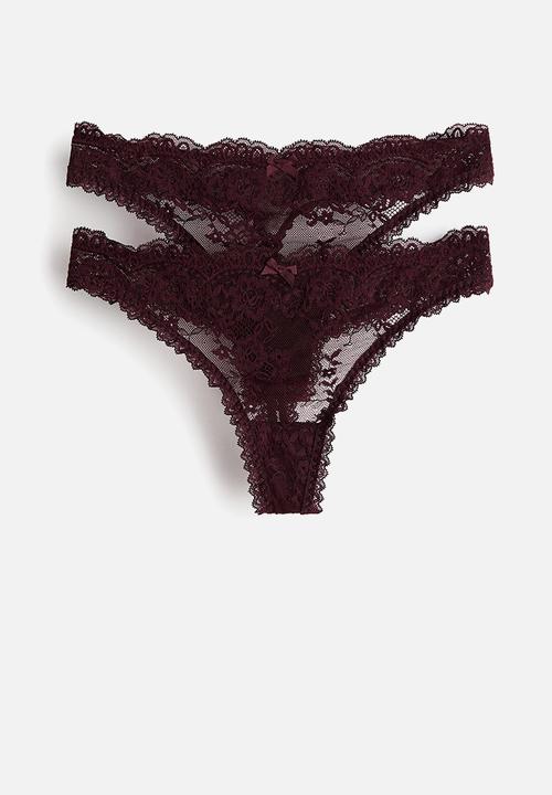 H&M - 2-Pack lace thong briefs - burgundy