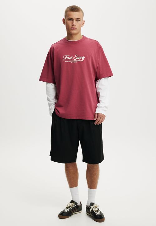 Cotton On - Box Fit Text T-Shirt - Raspberry/First Supply