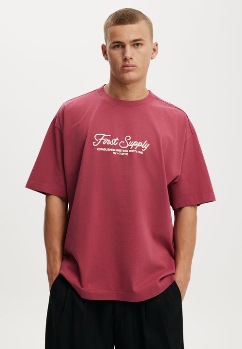 Box Fit Text T-Shirt - Raspberry / First Supply