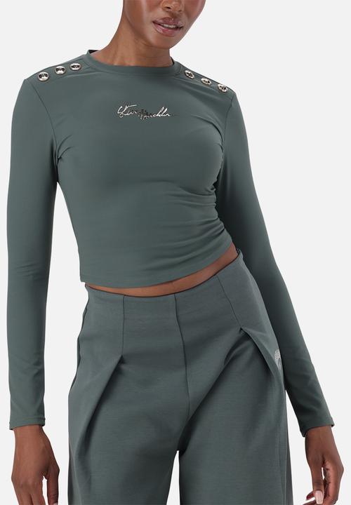 Steve Madden - Ladies riley long sleeve top with poppers  - dark sage