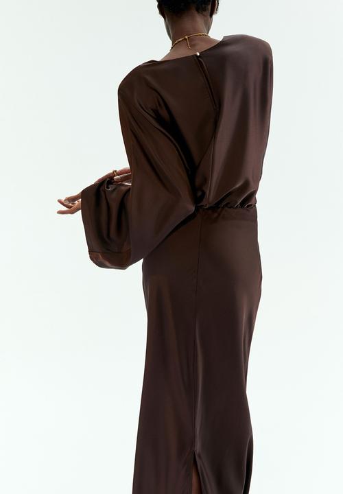 h&m long sleeve satin dress H&M Gold Satin Long Sleeve Wrap Midi Dress Size 12 V Neck