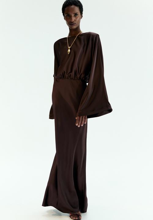 Shoulder-pad satin dress - dark brown - 1314753003