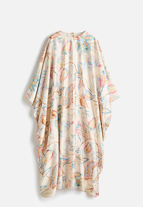 H&M - Satin kaftan dress - Light beige/floral