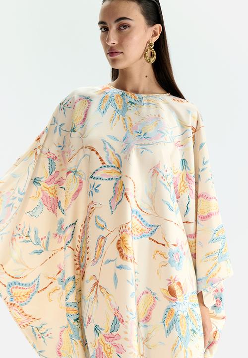 H&M - Satin kaftan dress - Light beige/floral