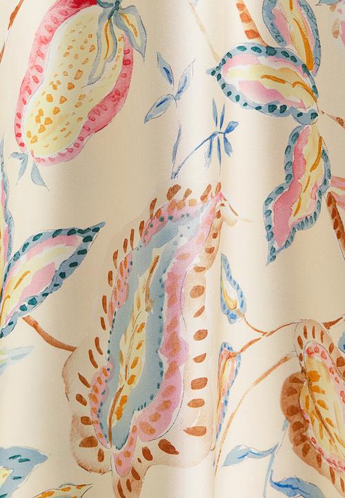 H&M - Satin kaftan dress - Light beige/floral