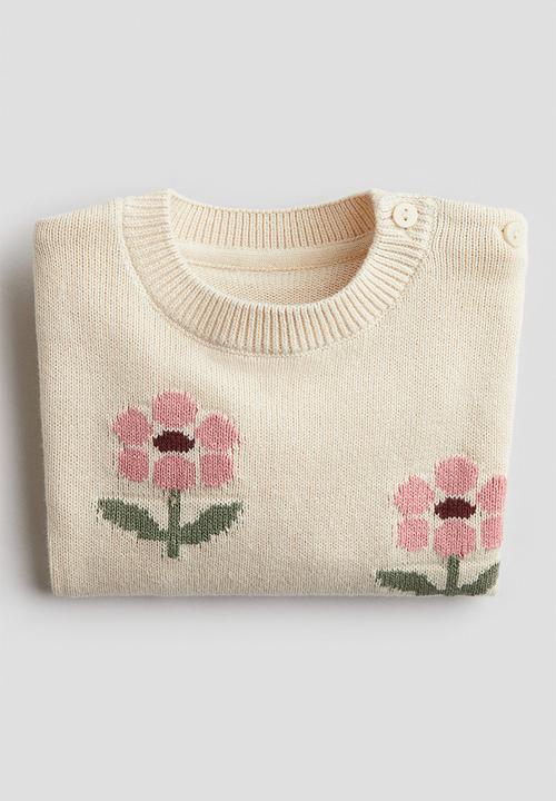 H&M - Jacquard-knit jumper - light beige/flowers