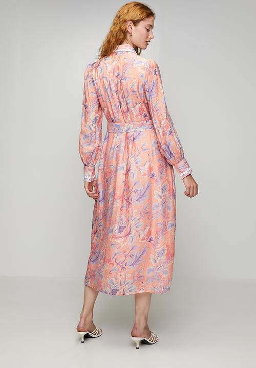 Stella Morgan - L/S Lightweight Button Through Maxi Dress With Belt And Trim Detail - Multi White