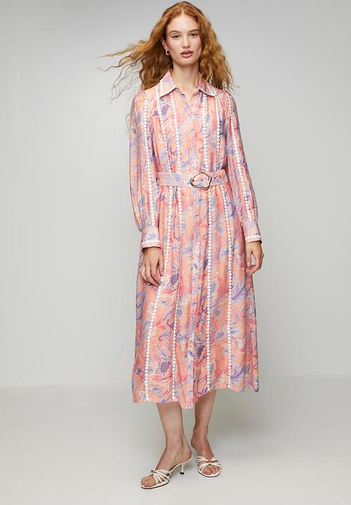 Stella Morgan - L/S Lightweight Button Through Maxi Dress With Belt And Trim Detail - Multi White