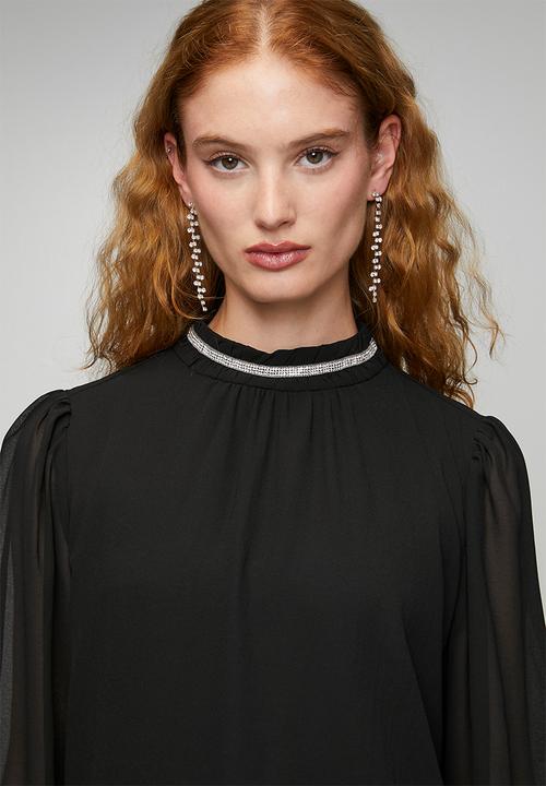 Stella Morgan - L/S Sheer Blouse With Embelishment On High Neck - Black