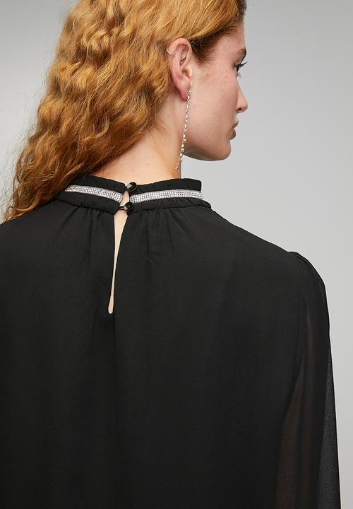 Stella Morgan - L/S Sheer Blouse With Embelishment On High Neck - Black