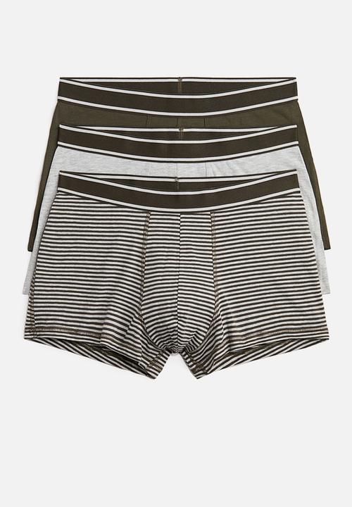 H&M - 3-pack cotton short trunks -khaki green/striped