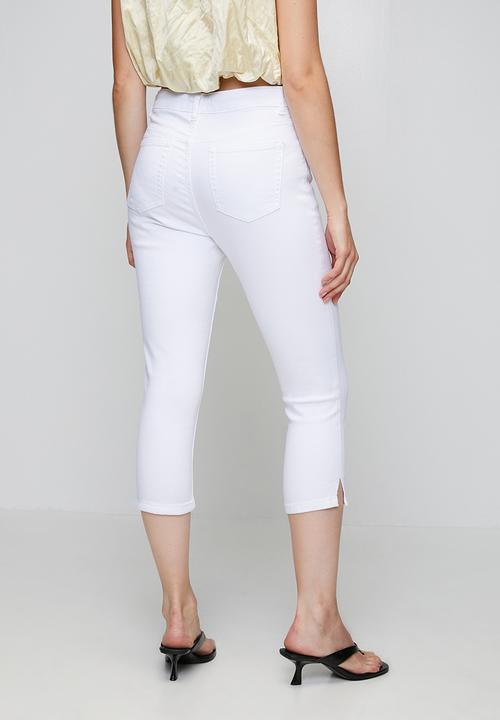 Izabel London - Mid Waist 5 Pocket Crop Length Overdye Jean With Side Slit - White