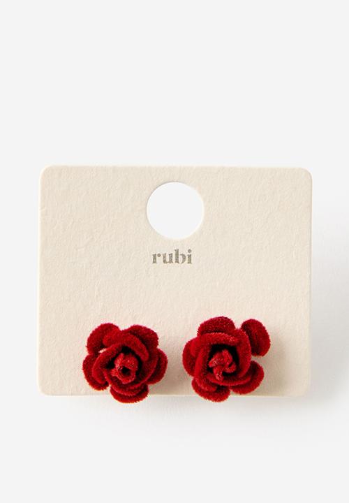 Rubi - Velvet rosette charm earring - red