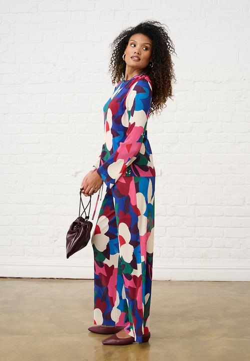 Me&B - Tie Detail Plisse Pants in Bloom - Multi