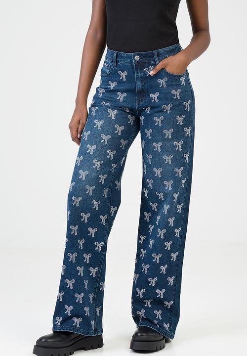 SISSY BOY - Nyla Wide Leg Jeans Mid Waist Wide Leg With All Over Bow Bling - Dark Vintage