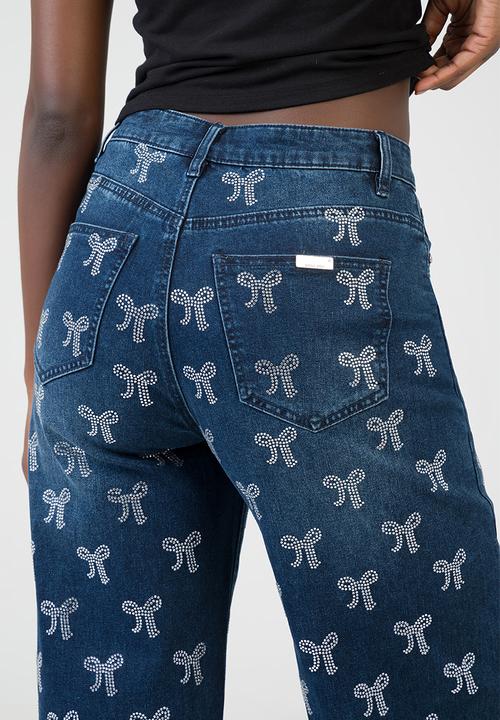 SISSY BOY - Nyla Wide Leg Jeans Mid Waist Wide Leg With All Over Bow Bling - Dark Vintage