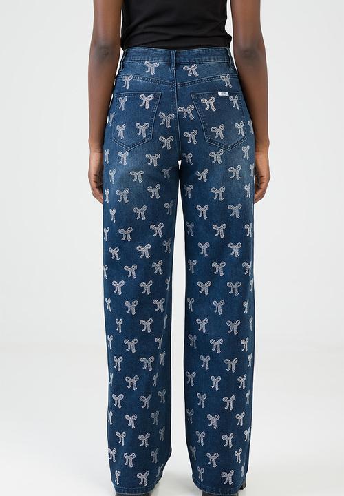 SISSY BOY - Nyla Wide Leg Jeans Mid Waist Wide Leg With All Over Bow Bling - Dark Vintage
