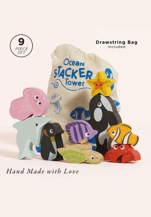 Le Toy Van - 10 pcsWooden Ocean Life Stacking Animals & Bag - multi