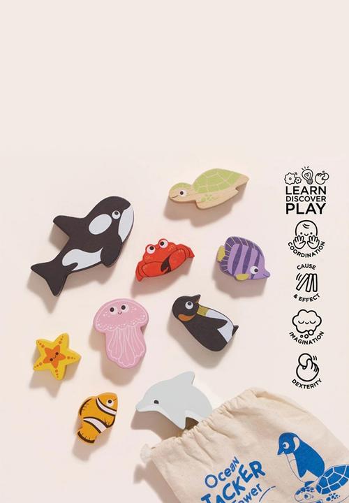 Le Toy Van - 10 pcsWooden Ocean Life Stacking Animals & Bag - multi