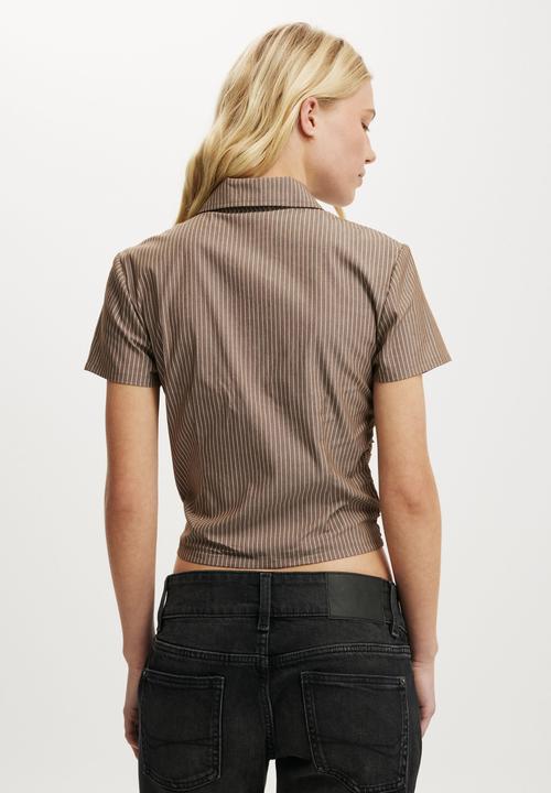 Cotton On - Riley gathered shirt - bonnie pinstripe dark truffle