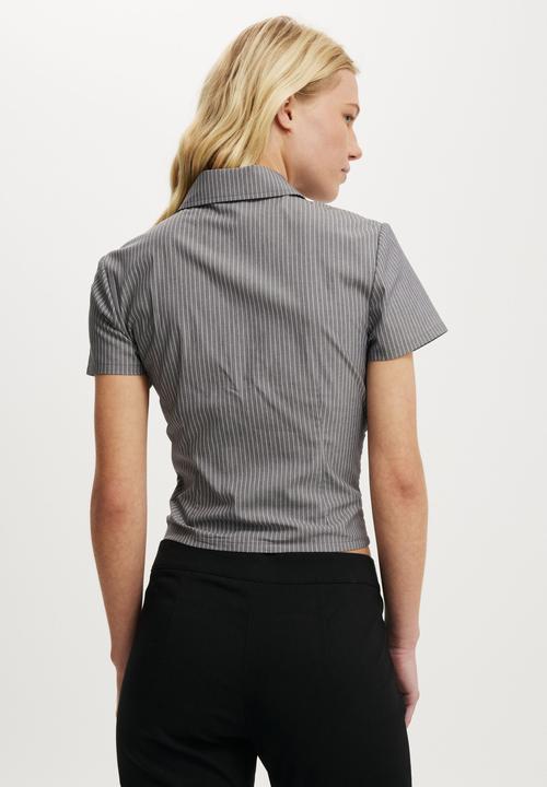 Cotton On - Riley gathered shirt - bonnie pinstripe steel onyx