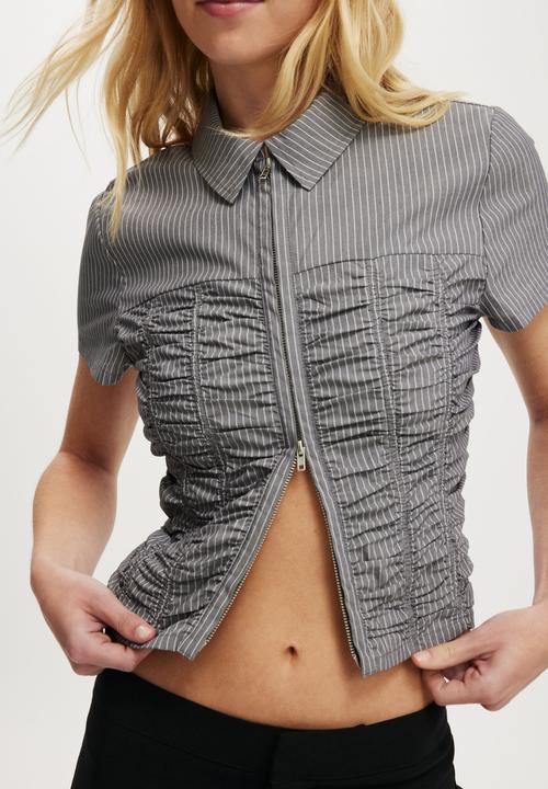 Cotton On - Riley gathered shirt - bonnie pinstripe steel onyx
