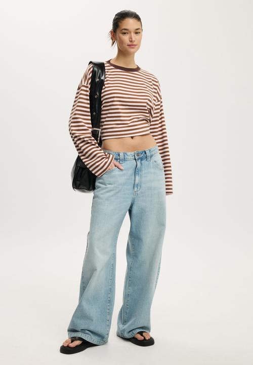 Cotton On - Oversized boxy long sleeve tee - sophie stripe babydoll/walnut