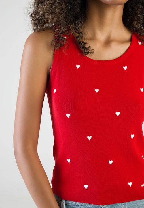 SISSY BOY - Heartbreak Hotel Sleeveless Knitwear Vest Top With Embroidered Hearts - Red