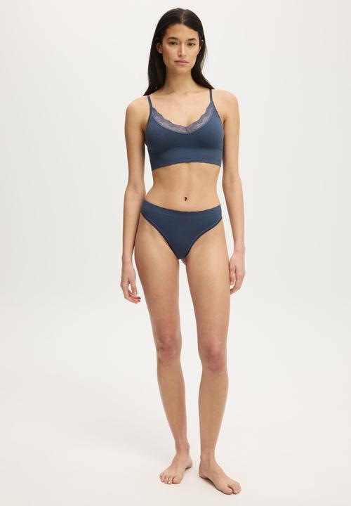 Cotton On - Seamless Longline Lace Trim Bralette - Steely Blue Wash Texture
