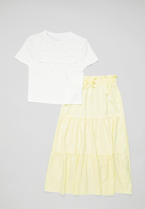 Pop Candy - Tee & tiered maxi skirt set - white/yellow