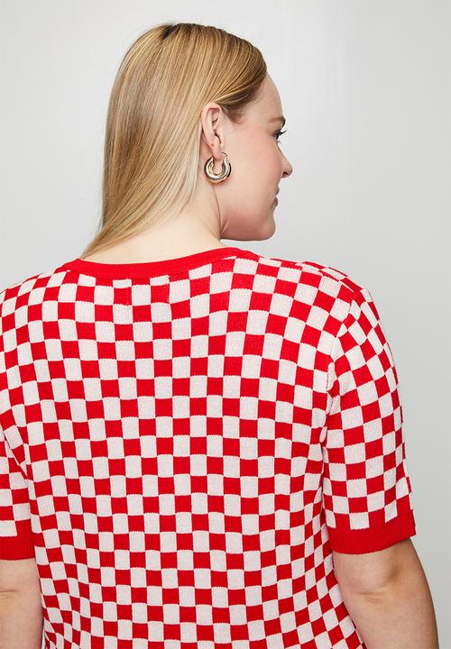 Me&B - Plus Knitwear Top in Cherry Red Check - Red