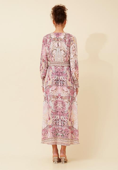 Izabel London - L/S With Elastic V-Neck Maxi Dress Border Print With Embelishment - Multi Pink