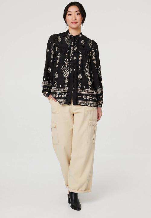 MANDI - L/S Buttton Through Gypsey Blouse With Discharge Print - Black